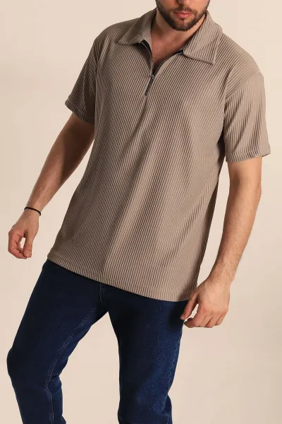 Bej Relaxed Fit Fitilli Dokulu Jakarlı Fermuarlı Polo Yaka Erkek Tişört 270753
