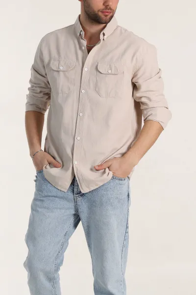 Bej Relaxed Fit Gabardin Çift Cep Detaylı Ata Yaka Erkek Gömlek 339103