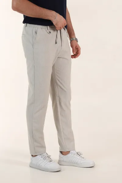 Bej Relaxed Fit Gofre Kumaş Bel Arkası Lastikli Erkek Pantolon 362583