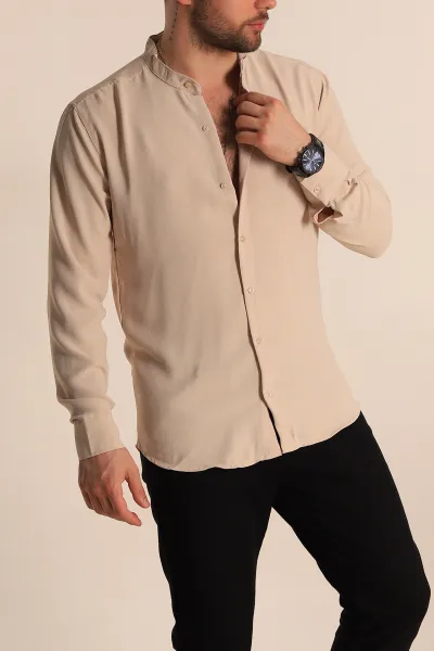 Bej Relaxed Fit Hakim Yaka Erkek Gömlek 267041