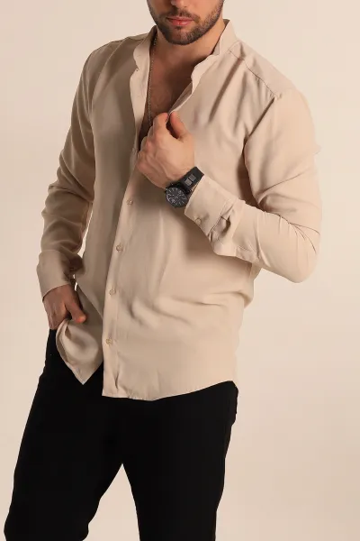 bej-relaxed-fit-hakim-yaka-erkek-gomlek-267041
