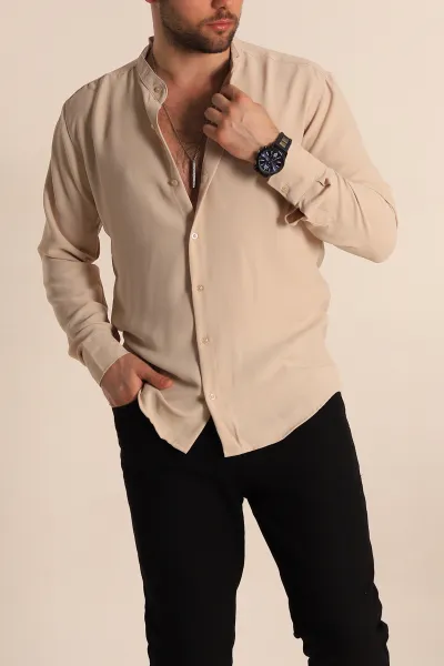 Bej Relaxed Fit Hakim Yaka Erkek Gömlek 267041