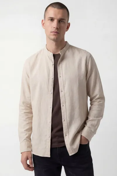 Bej Relaxed Fit Hakim Yaka Uzun Kollu Erkek Gömlek 445645