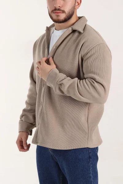 Bej Relaxed Fit İçi Polarlı Erkek Kadife Gömlek 400011