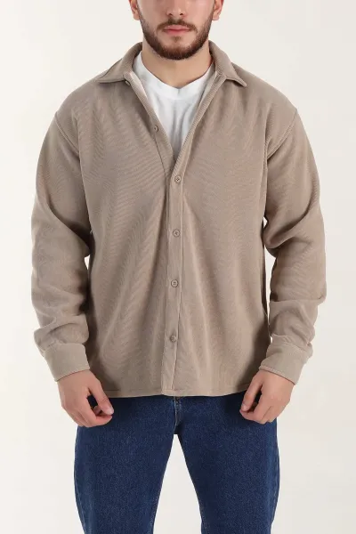 Bej Relaxed Fit İçi Polarlı Erkek Kadife Gömlek 400011