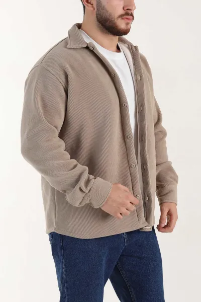 Bej Relaxed Fit İçi Polarlı Erkek Kadife Gömlek 400011