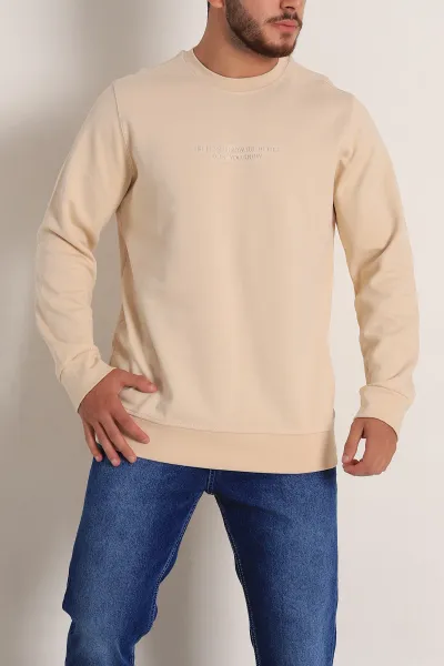 Bej Relaxed Fit İki İp Yazı Detaylı Basic Erkek Sweatshirt 299862