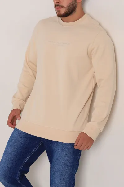 Bej Relaxed Fit İki İp Yazı Detaylı Basic Erkek Sweatshirt 299862