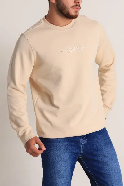 Bej Relaxed Fit İki İp Yazı Detaylı Basic Erkek Sweatshirt 299862