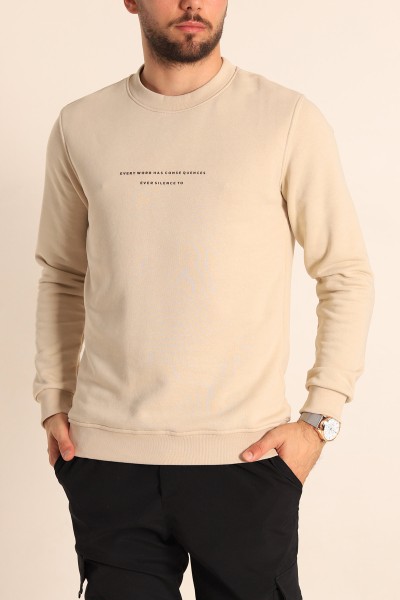 Bej Relaxed Fit Kabartma Yazılı Erkek Sweatshirt 221446