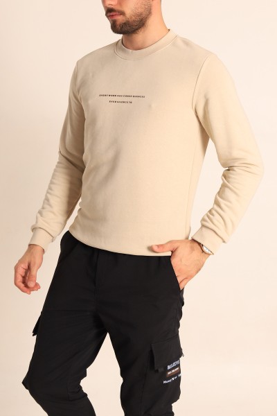 Bej Relaxed Fit Kabartma Yazılı Erkek Sweatshirt 221446