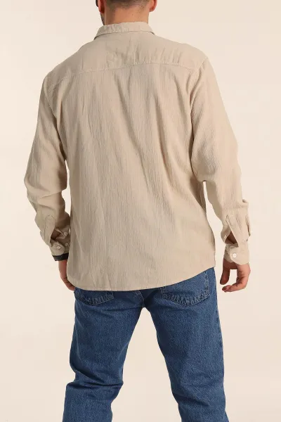Bej Relaxed Fit Keten Ata Yaka Erkek Gömlek 339163