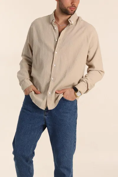Bej Relaxed Fit Keten Ata Yaka Erkek Gömlek 339163