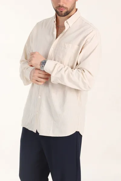 Bej Relaxed Fit Keten Cep Detaylı Erkek Gömlek 356963