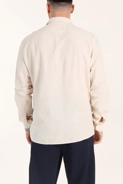 Bej Relaxed Fit Keten Cep Detaylı Erkek Gömlek 356963
