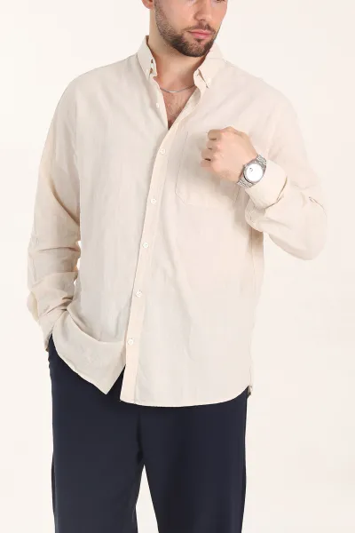 Bej Relaxed Fit Keten Cep Detaylı Erkek Gömlek 356963