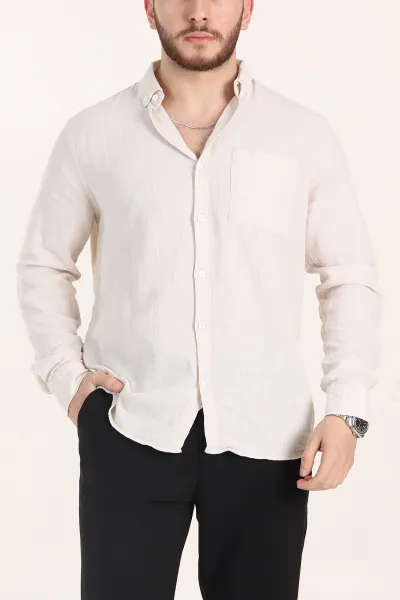 bej-relaxed-fit-keten-cep-detayli-erkek-gomlek-356971