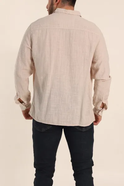Bej Relaxed Fit Keten Kare Dokulu Ata Yaka Erkek Gömlek 339179