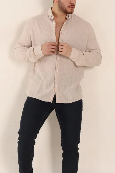 Bej Relaxed Fit Keten Kare Dokulu Ata Yaka Erkek Gömlek 339179
