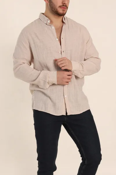 Bej Relaxed Fit Keten Kare Dokulu Ata Yaka Erkek Gömlek 339179