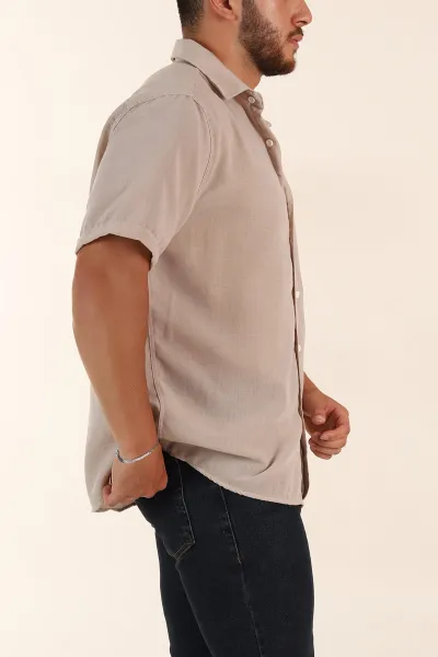 Bej Relaxed Fit Keten Kısa Kollu Erkek Gömlek 376970