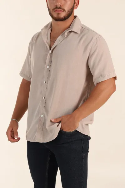 Bej Relaxed Fit Keten Kısa Kollu Erkek Gömlek 376970