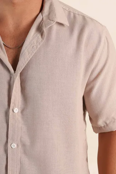 Bej Relaxed Fit Keten Kısa Kollu Erkek Gömlek 376970