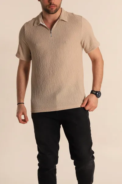 Bej Relaxed Fit Melanjlı Fermuarlı Polo Yaka Erkek Tişört 267652