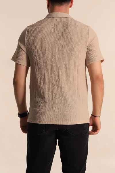 Bej Relaxed Fit Melanjlı Fermuarlı Polo Yaka Erkek Tişört 267652