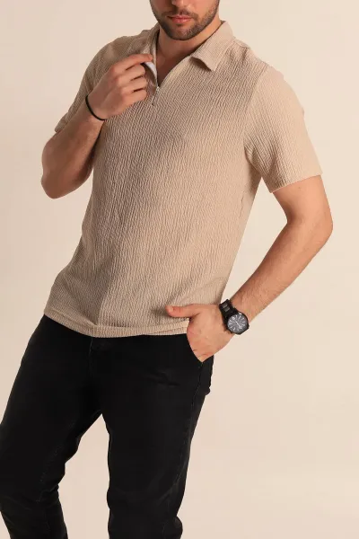 Bej Relaxed Fit Melanjlı Fermuarlı Polo Yaka Erkek Tişört 267652