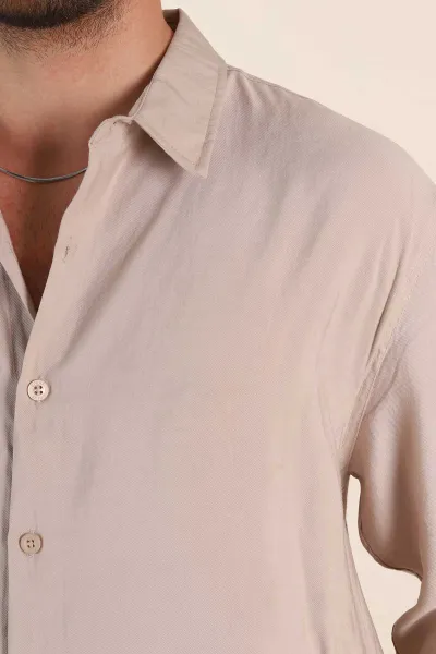 Bej Relaxed Fit Modal Kumaş Uzun Kollu Erkek Gömlek 368659