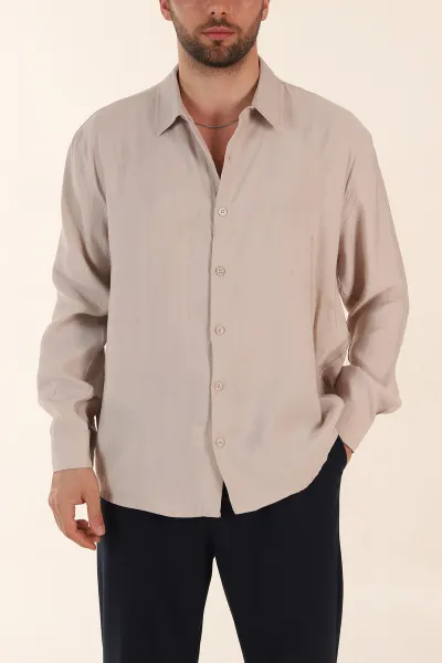 Bej Relaxed Fit Modal Kumaş Uzun Kollu Erkek Gömlek 368659