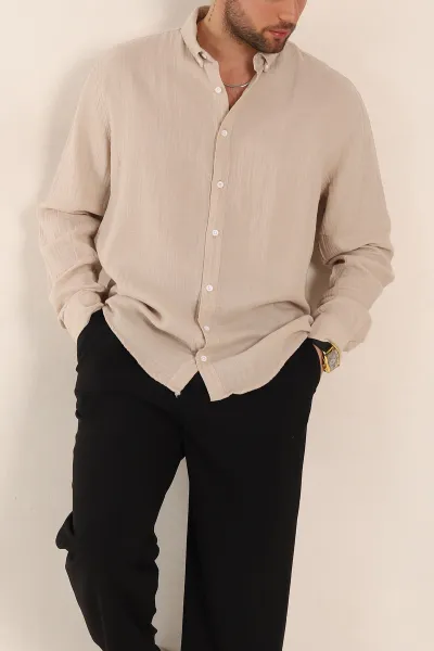 bej-relaxed-fit-muslin-keten-ata-yaka-erkek-gomlek-339154