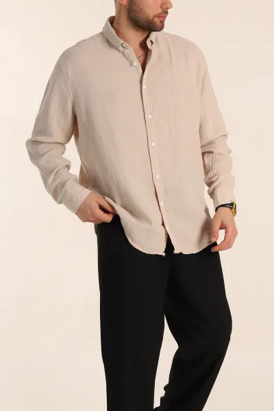 Bej Relaxed Fit Müslin Keten Ata Yaka Erkek Gömlek 339154
