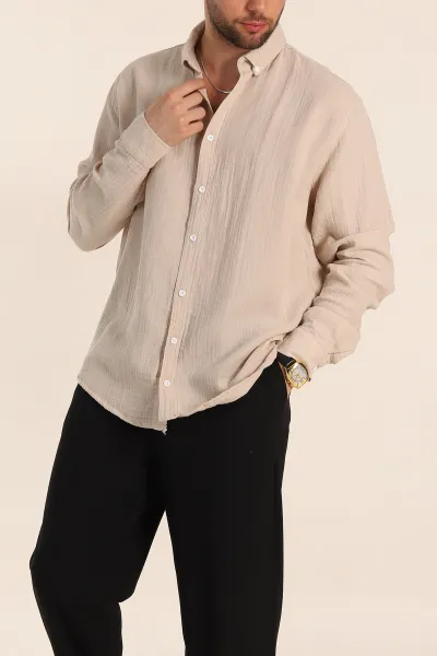 Bej Relaxed Fit Müslin Keten Ata Yaka Erkek Gömlek 339154