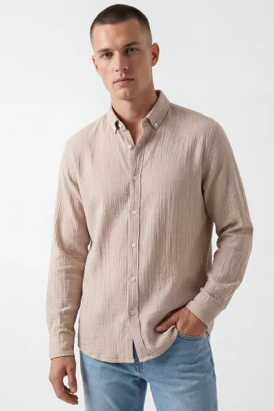 Bej Relaxed Fit Müslin Keten Ata Yaka Erkek Gömlek 435747