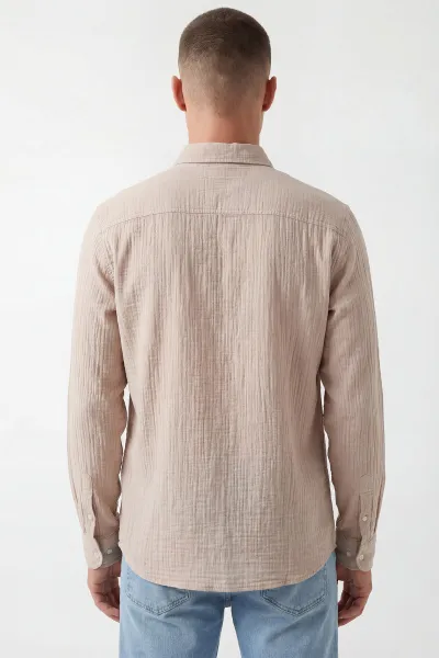 Bej Relaxed Fit Müslin Keten Ata Yaka Erkek Gömlek 435747