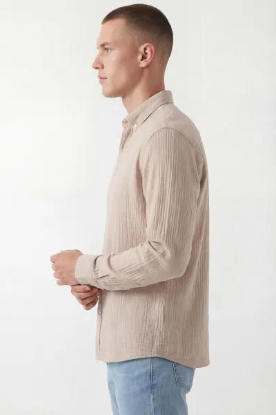 Bej Relaxed Fit Müslin Keten Ata Yaka Erkek Gömlek 435747