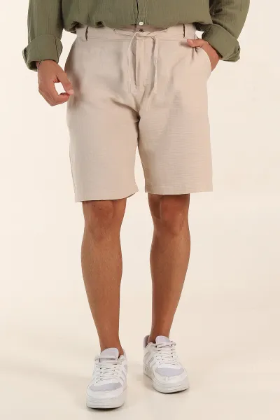 Bej Relaxed Fit Müslin Keten Bel Arkası Lastikli Erkek Şort 386177