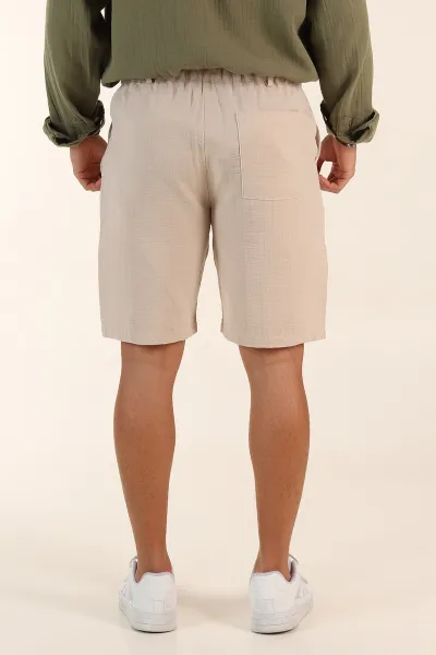 Bej Relaxed Fit Müslin Keten Bel Arkası Lastikli Erkek Şort 386177