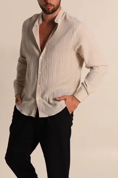 Bej Relaxed Fit Müslin Kumaş Hakim Erkek Gömlek 275667