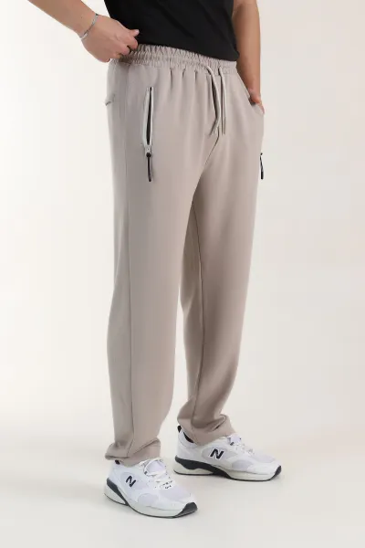 Bej Relaxed Fit Oysho Kumaş Fermuarlı Cepli Erkek Eşofman Altı 402204