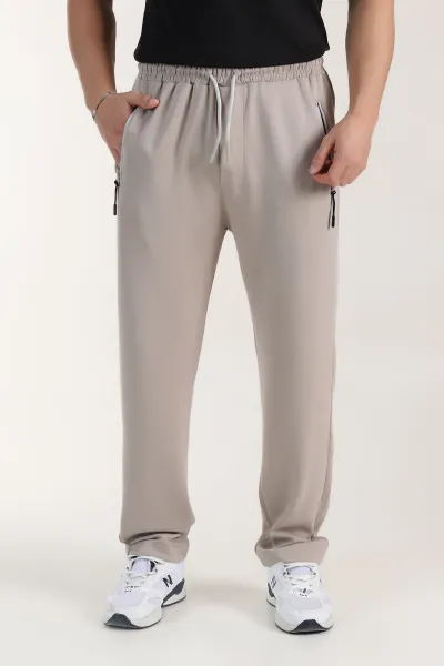 Bej Relaxed Fit Oysho Kumaş Fermuarlı Cepli Erkek Eşofman Altı 402204