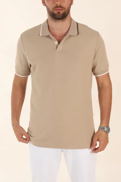 Bej Relaxed Fit Patlı Polo Yaka Erkek Tişört 373093