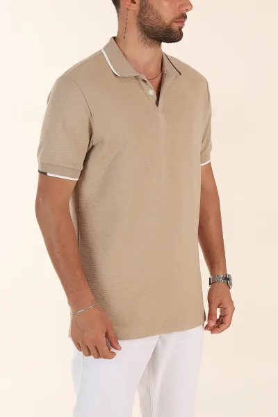 Bej Relaxed Fit Patlı Polo Yaka Erkek Tişört 373093