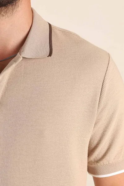 Bej Relaxed Fit Patlı Polo Yaka Erkek Tişört 373093