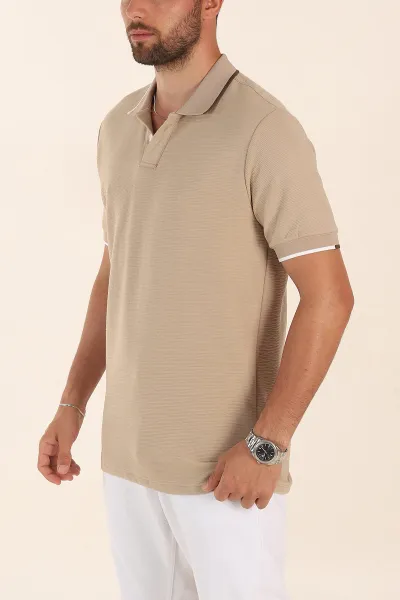 Bej Relaxed Fit Patlı Polo Yaka Erkek Tişört 373093