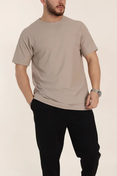 Bej Relaxed Fit Petek Dokulu Reglan Kol Basic Erkek Tişört 352025