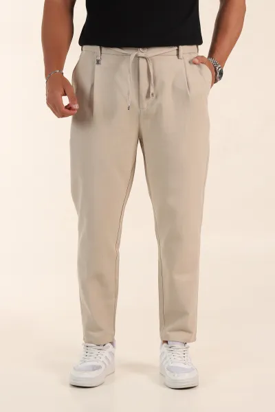 Bej Relaxed Fit Pile Detaylı Bel Arkası Lastikli Erkek Pantolon 380902
