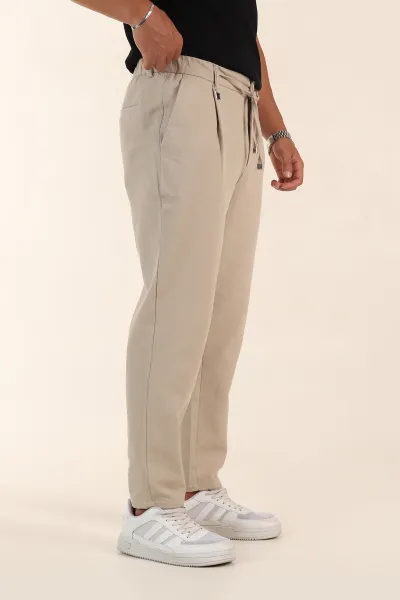 Bej Relaxed Fit Pile Detaylı Bel Arkası Lastikli Erkek Pantolon 380902